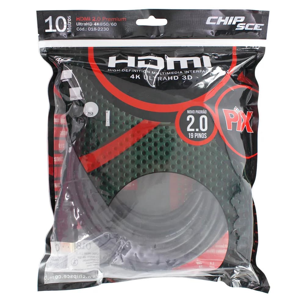 CABO HDMI 10MTS VERSAO 2.0 4K 19 PINOS PRETO PIX- 018-2230