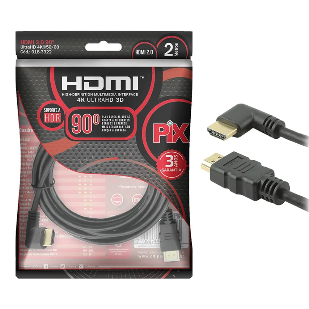 CABO HDMI 2MTS VERSAO 2.0 4K 19 PINOS PLUG 90 GRAUS PRETO PIX - 018-3322