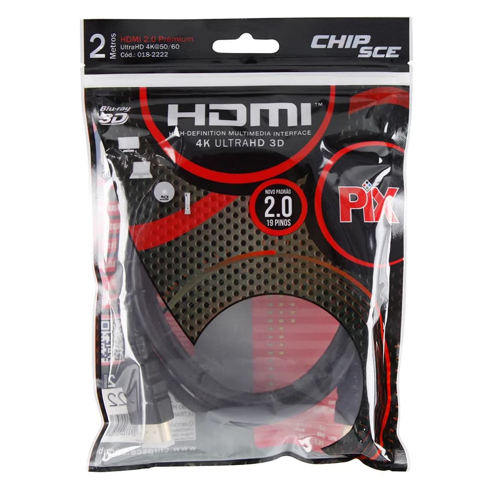CABO HDMI 2MTS VERSAO 2.0 4K 19 PINOS PRETO PIX - 018-2222