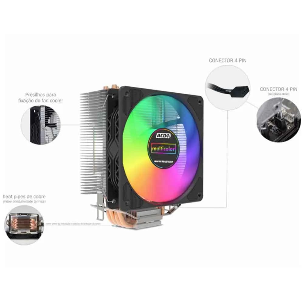 COOLER PARA PROCESSADOR K-MEX AC04 120MM INTEL/AMD MULTICOLOR PRETO