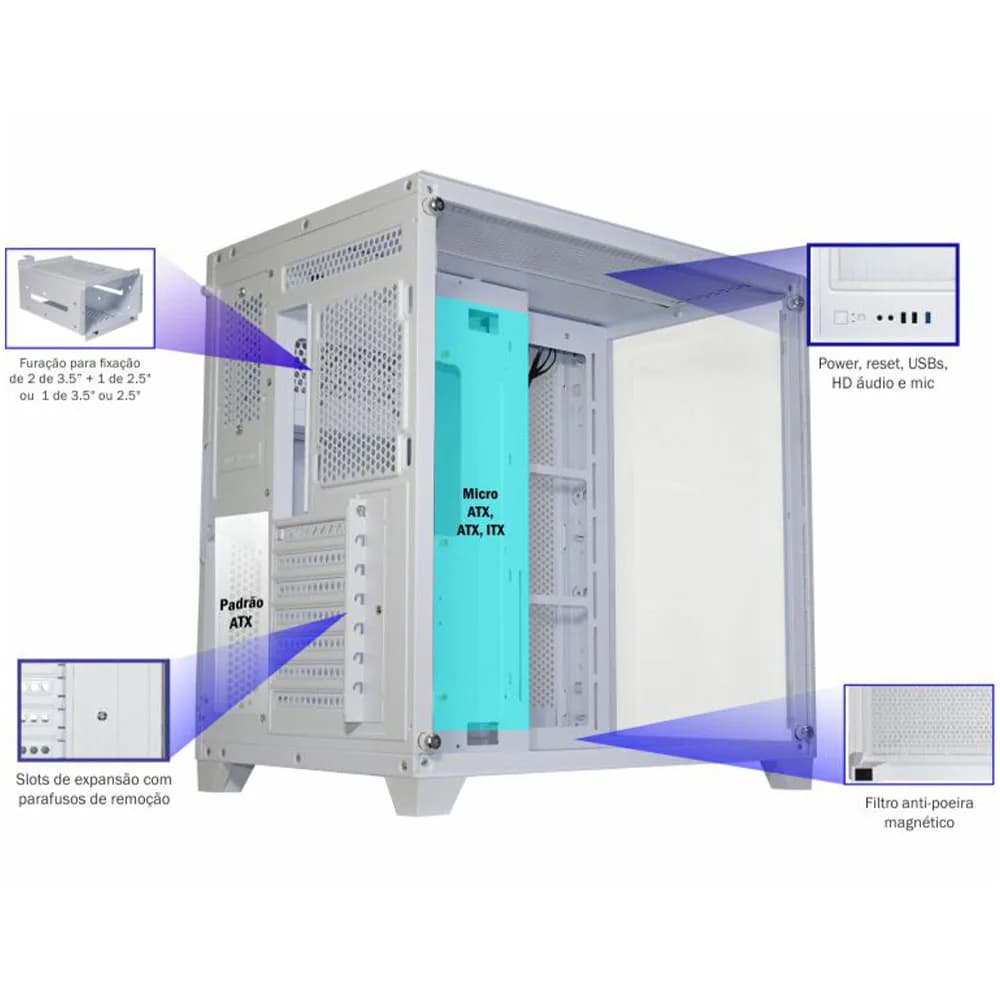 GABINETE GAMER K-MEX SPACEATX WHITE W2R4 SEM FAN