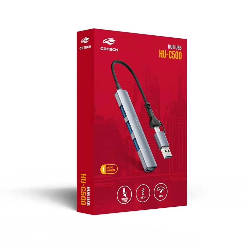 HUB USB C3TECH 3.0 4 PORTAS COM CONECTOR ALTERNAVEL HU-C500GY CINZA