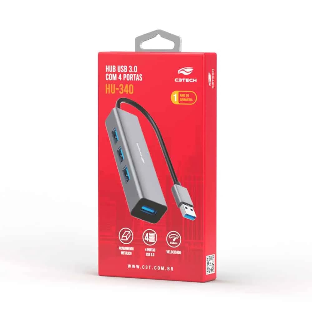 HUB USB C3TECH 3.0 4 PORTAS HU-340GY CINZA