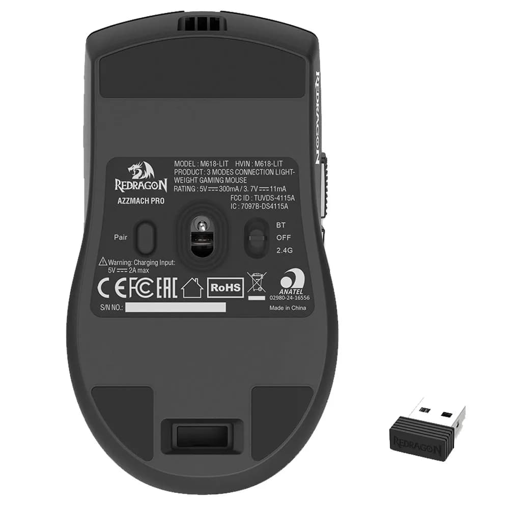 MOUSE GAMER REDRAGON AZZMACH LITE TRI-MODE ULTRA-LEVE PRETO M618-LIT