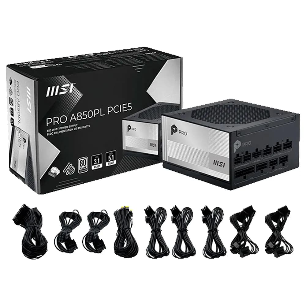 Fonte de Alimentação MSI 850W Pro A850PL PCIE5 80 Plus Platinum Full Modular ATX PCIe 5.0 - 306-7ZPL