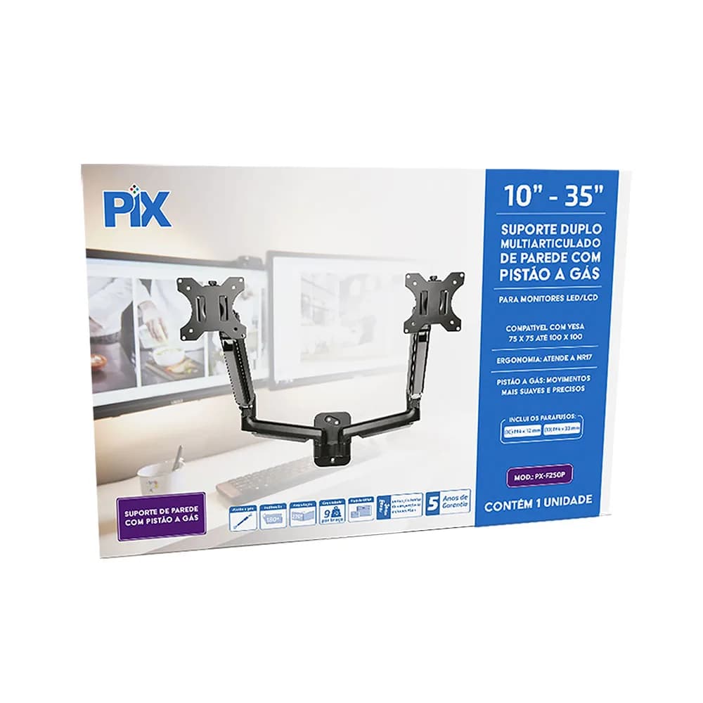 Suporte Monitor Santana com Pistao a GAS de Parede para 2 Monitores 10" a 35" - 079-0091