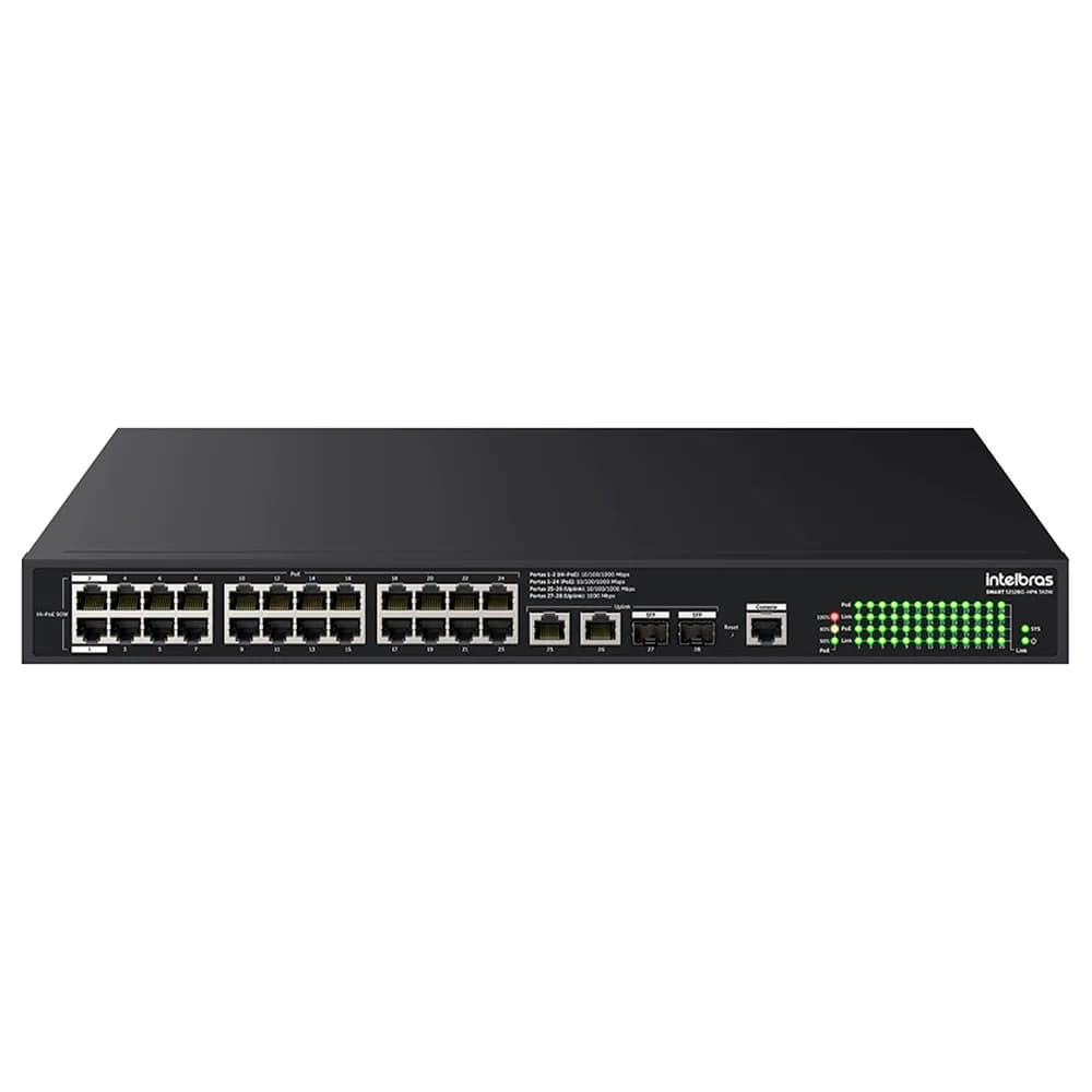 Switch Intelbras Smart 24 Portas Gigabit PoE e 2 Portas Uplink Mais 2 SFP S2128G-HPA 360W - 4760133