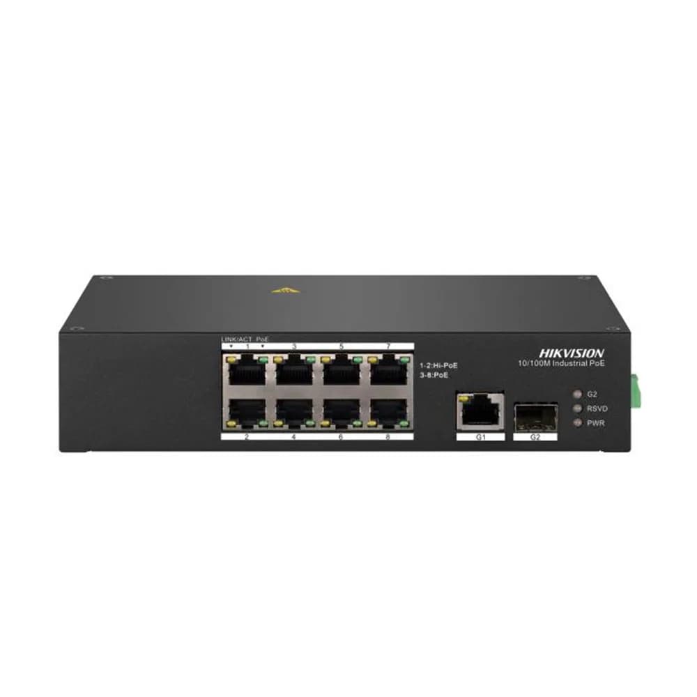 Switch L2 Industrial Hikvision DS-3T0310HP 10 Portas 8 Portas Watchdog Fast 10/100 2 HI-PoE Ativo 802.3 AF/AT 2 Portas Uplink 1 GBIC SFP Fibra + 1 RJ45